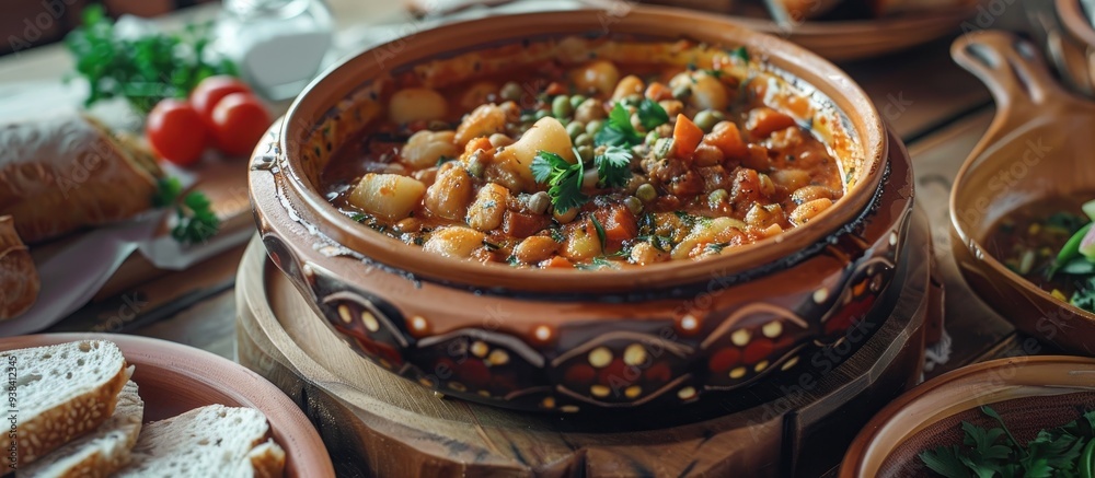 Traditional Turkish Meal Kuru Fasulye In A Clay Bowl On A Light Wooden Table Toned Traditional Turkish Meal Kuru Fasulye In A Clay Bowl On A Light Wooden Table Toned