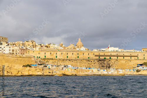 Malta, Valletta, Grand Harbor. Dome of Church of Saint Nicholas above city walls.