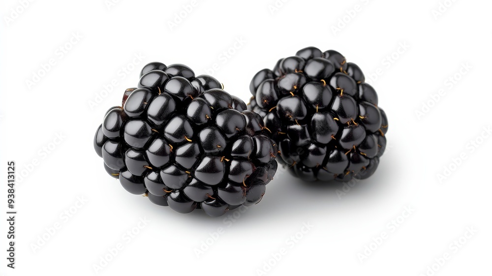 Two ripe blackberries isolated on white background. Two ripe blackberries isolated on white background.
