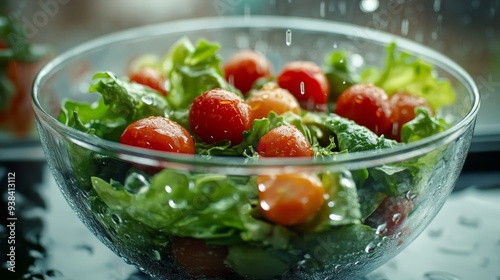 A close-up of a fresh green salad with cherry tomatoes in a glass bowl. The salad is glistening with water droplets, suggesting it has been recently washed. It symbolizes health, freshness, and a heal