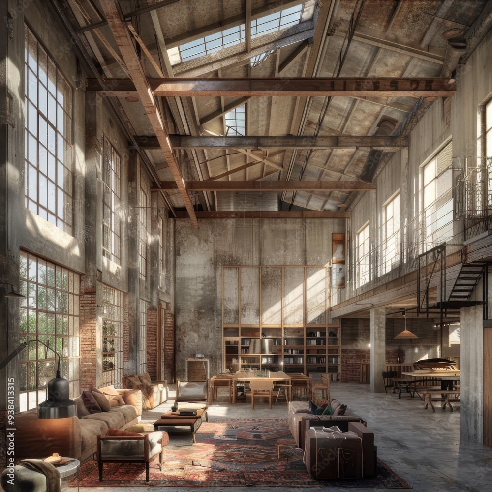 Industrial Loft Living Room With Exposed Beams and Natural Light Industrial Loft Living Room With Exposed Beams and Natural Light