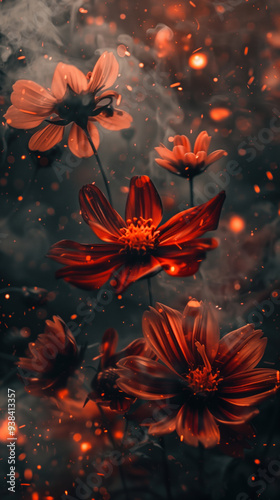 A close up of two orange flowers with a black background