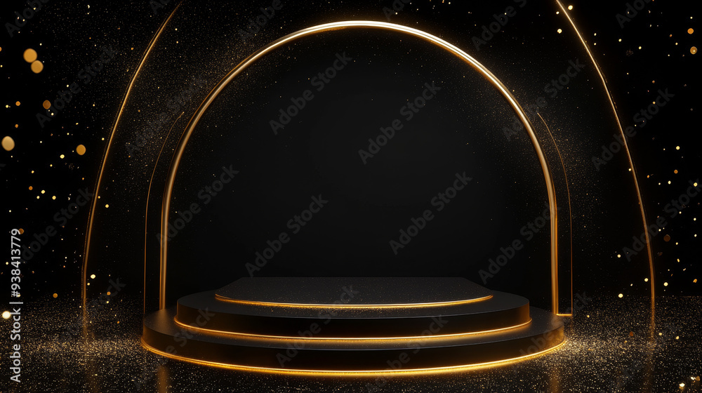 A minimal black scene featuring golden lines and glitter dust, with a cylindrical gold podium and an arch set against a black background. The 3D stage is designed for displaying cosmetic products, A minimal black scene featuring golden lines and glitter dust, with a cylindrical gold podium and an arch set against a black background. The 3D stage is designed for displaying cosmetic products,