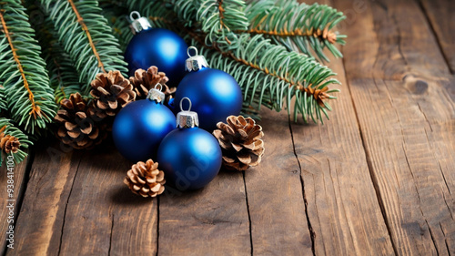 Fir branches with blue balls and cones on a wooden background Festive frame of blue and gold Christmas decorations with cones and fir branches on a textured background.