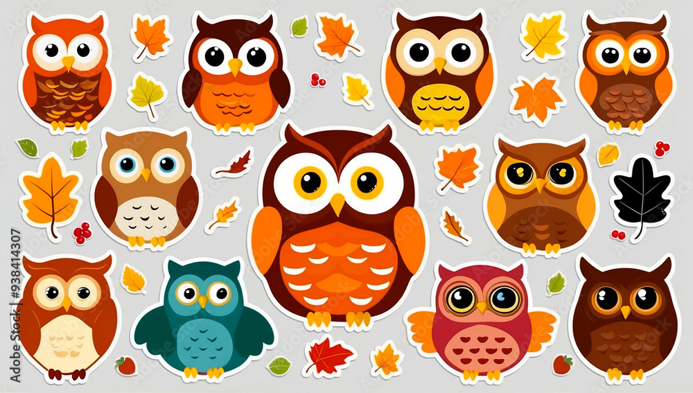 Obraz premium sticker set, different cute owls