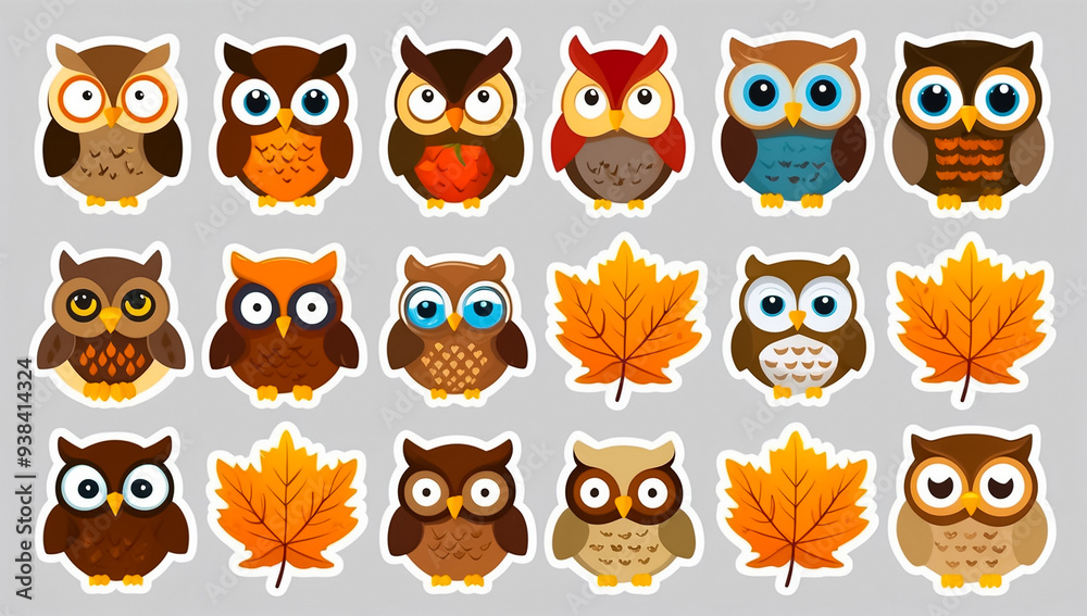 Naklejka premium sticker set, different cute owls
