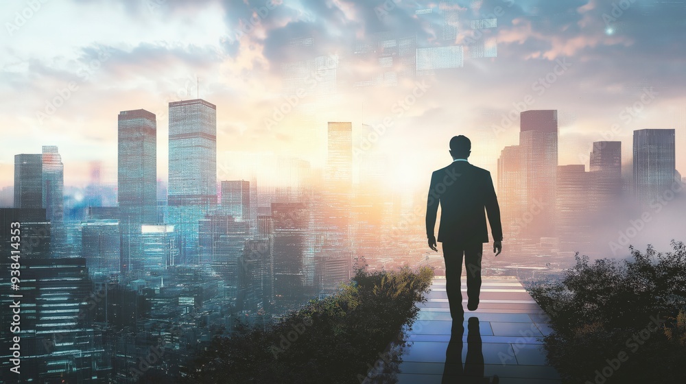 A businessman walking towards the sunrise in a modern city. A businessman walking towards the sunrise in a modern city.