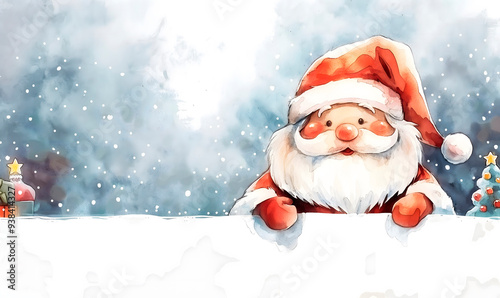 Cheerful Santa Claus peeking over blank sign,ideal for use in Christmas-themed email newsletters,festive banners, or creating custom holiday greetings for clients and customers,watercolor illustration