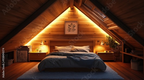 A cozy and inviting attic bedroom with warm lighting, wooden walls and beams, a comfortable bed with soft bedding, and a touch of greenery. The space is designed for relaxation and comfort, with a foc photo