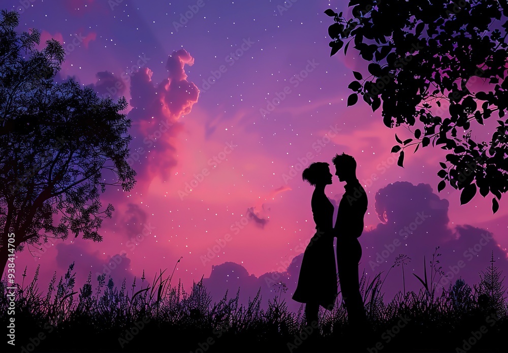 Silhouette of a young couple in love embracing against a pink sunset sky, perfect for a romantic Valentine’s Day poster design Silhouette of a young couple in love embracing against a pink sunset sky, perfect for a romantic Valentine’s Day poster design