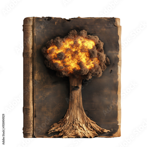 A creative and striking image of a book cover featuring a tree turning into an explosion, symbolizing destruction and transformation photo