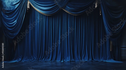 A dramatic backdrop of navy blue velvet curtains with intricate folds and a subtle gold trim, perfect for creating a grand and elegant atmosphere for theater productions, events, or presentations. It 