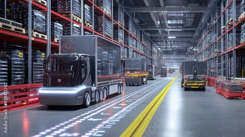 A futuristic warehouse with automated trucks and robots navigating through aisles, showcasing the efficiency and innovation of modern logistics.