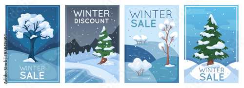 Winter trees cards. Forest landscapes. Seasonal sale. Snow covered branches. Deciduous and coniferous frozen plants. Wild nature scenery. Discount promotion banners. Recent vector set