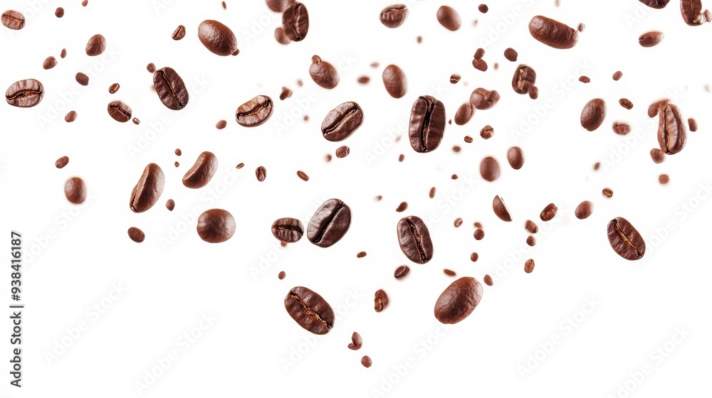 Close up of roasted coffee beans falling against a white background. Close up of roasted coffee beans falling against a white background.