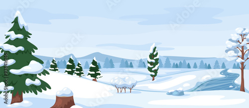 Winter landscape. Snow covered trees and shrubs. Snowdrifts and icy river. Cold season. Wild snowy scenery. Frosty day. Coniferous plants forest. Woodland panorama. Recent vector concept