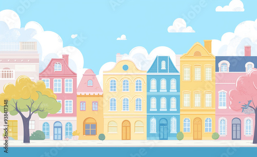 Charming Colorful Row Houses in a Whimsical Cartoon Style Illustration with Trees and Clouds