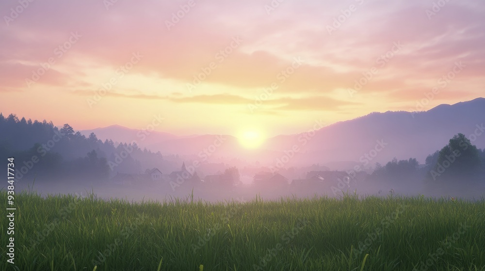 Obraz premium A serene sunset casts its glow over a tranquil village, merging hues that evoke a sense of calm and unity among the residents.