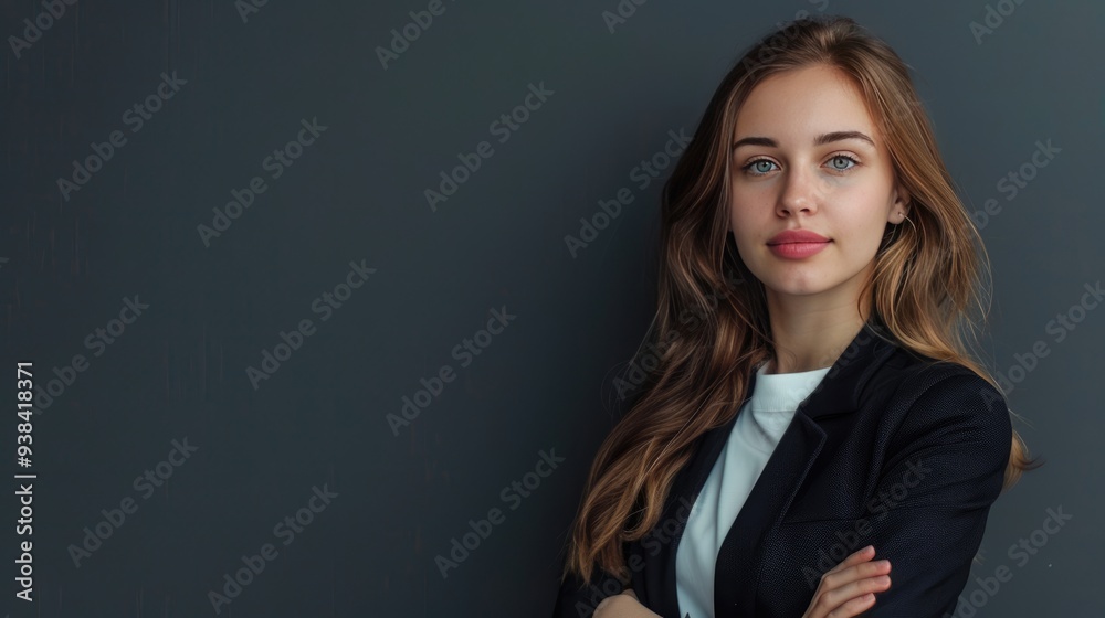 Portrait of a beautiful business woman with blonde hair on dark grey background with space for text.