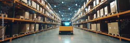 A modern automated warehouse with a forklift moving through the aisles, showcasing connected logistics and efficiency. The shelves are stacked with boxes, representing the flow of goods and the interc photo