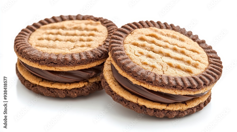 Two chocolate filled cookies with a light brown top and dark brown bottom on a white background. Two chocolate filled cookies with a light brown top and dark brown bottom on a white background.