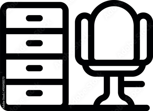 This icon represents office furniture with a filing cabinet and a swivel chair