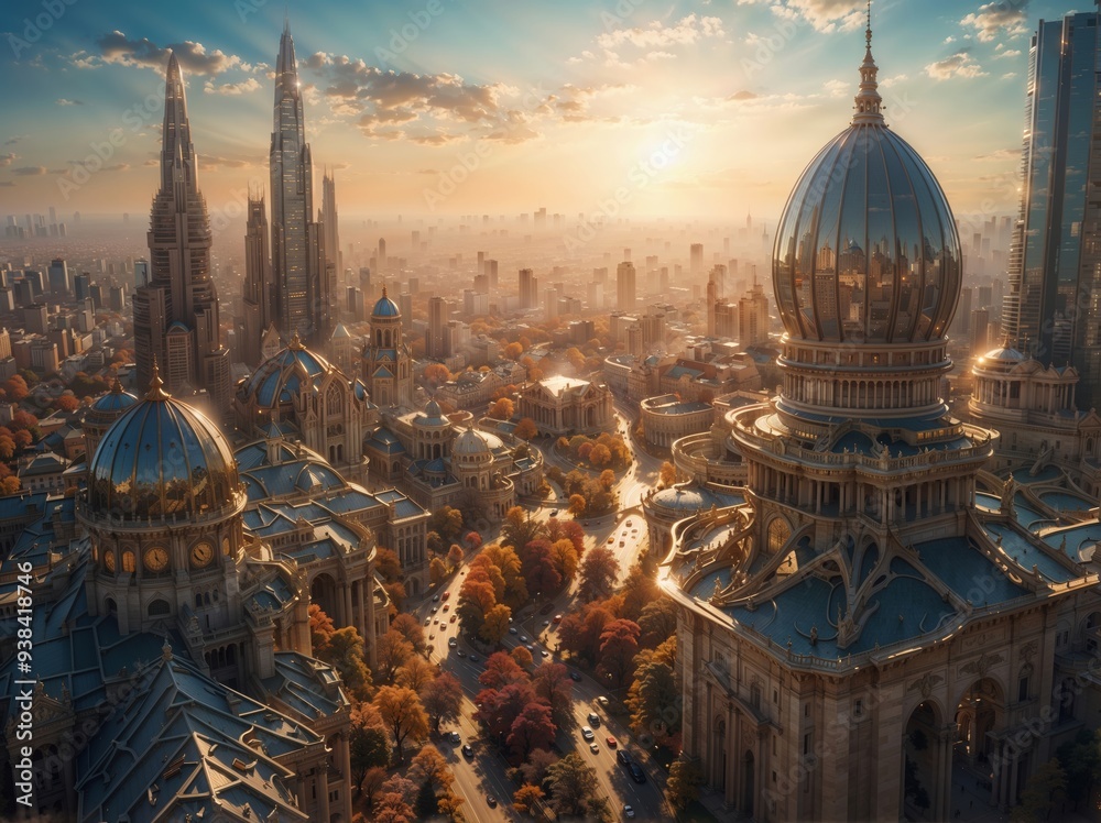 Fototapeta premium Majestic Cityscape at Sunrise with Stunning Architectural Domes and Towers