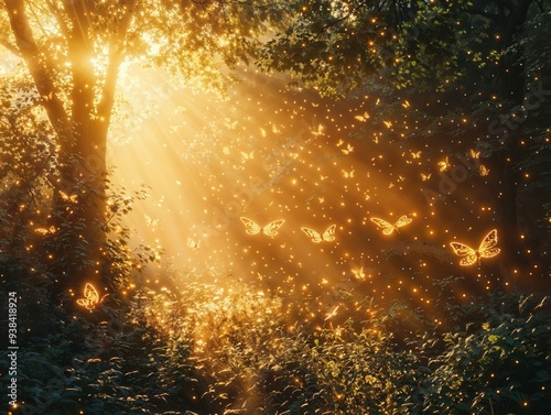 Magical Golden Butterflies in Enchanting Forest at Sunrise with Sunbeams