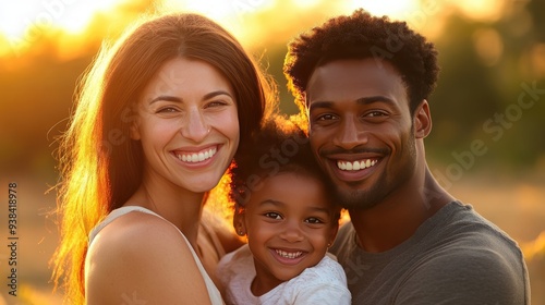 Close up portrait photo of a happy interracial family of three, mother, son and father. Power of love and beauty of diversity.