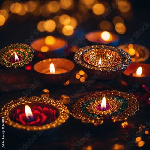 A serene Diwali night with candles and diyas casting a gentle and peaceful glow photo