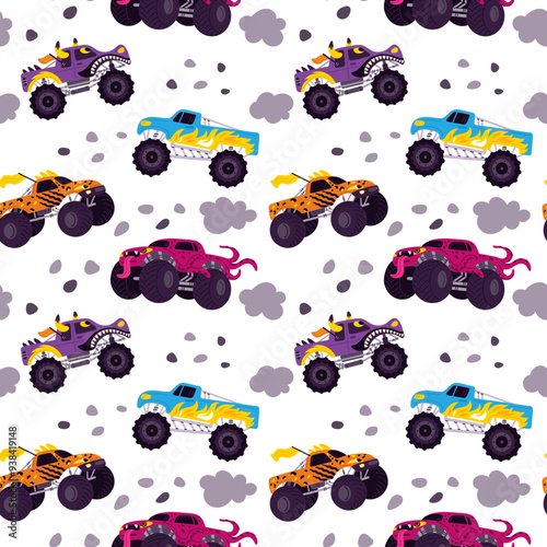 Monster trucks seamless pattern. Bright jeeps jump. Quadbikes speed driving. Repeated print. Extreme show. Aggressive cars exhaust gas clouds. Auto engine growling. Garish vector background