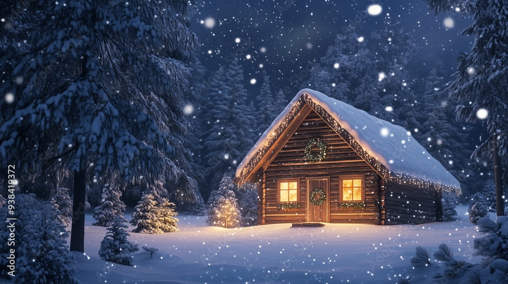 Winter night scene of a cozy, snow-covered cabin in the woods Winter night scene of a cozy, snow-covered cabin in the woods
