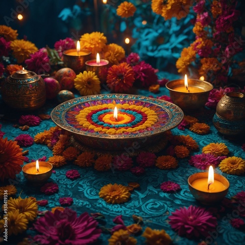 A serene Diwali night with the gentle glow of candles and diyas creating a tranquil atmosphere photo