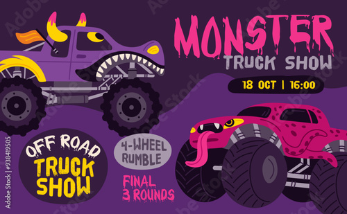 Monster trucks poster. Smash up race. Extreme show invitation. Aggressive coloring cars. Off road vehicles. Big wheels. Automobiles rally. Entertainment event. Garish vector flyer design