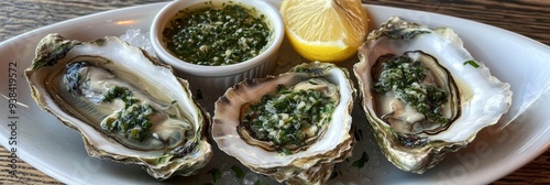 A plate of three fresh oysters on the half shell, topped with a vibrant mignonette sauce. A wedge of lemon adds a touch of brightness and acidity. The oysters are presented on a white plate with a woo photo