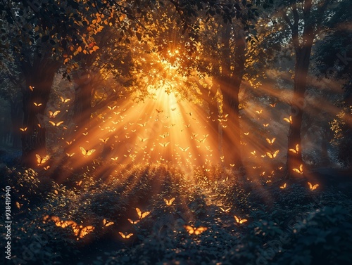 Butterflies Fluttering in Enchanted Woodland During Golden Sunrise