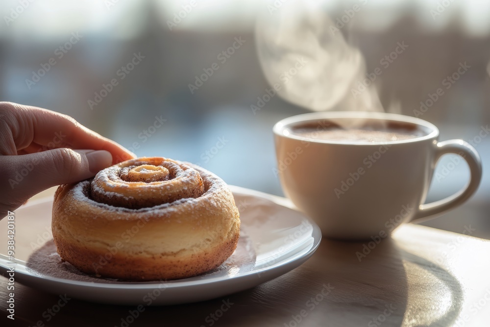 A warm cinnamon roll on a white plate with a steaming cup of coffee on a cozy bed, representing a perfect breakfast in bed. Comfort, indulgence. A warm cinnamon roll on a white plate with a steaming cup of coffee on a cozy bed, representing a perfect breakfast in bed. Comfort, indulgence.