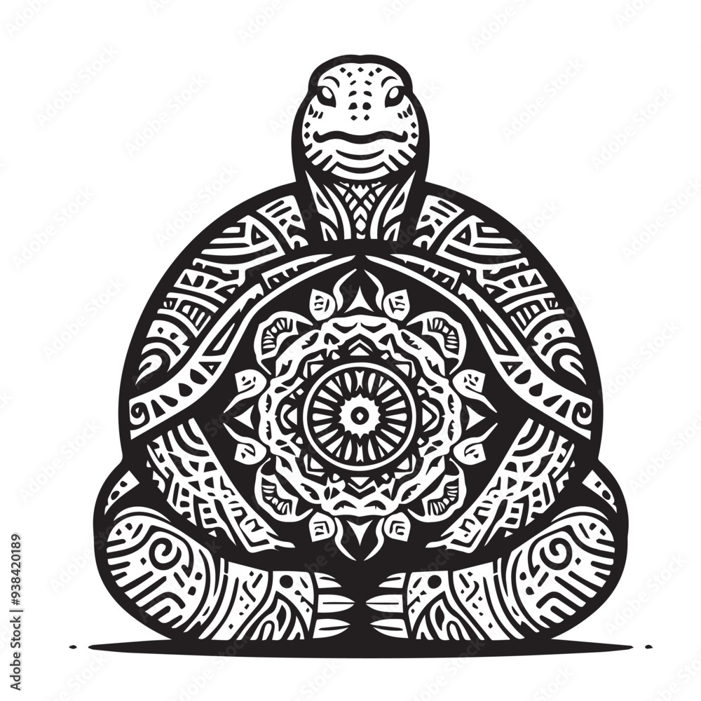 Obraz premium Zen Tortoise - Calm, with mandala patterns on the shell vector logo illustration or silhouette