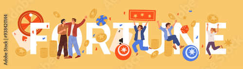 Lucky fortune favorites. Happy casino winning. Gambling winners. Chips and gold coins. Lottery bingo coupons. People making bets. Roulette wheels. Joyful gamblers. Garish vector concept