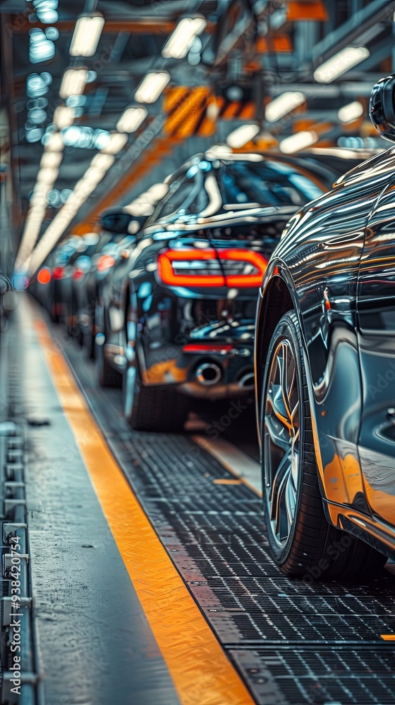 A sleek black car is carefully positioned on a modern automotive assembly line, surrounded by glowing lights, showcasing the high-tech environment of vehicle manufacturing.