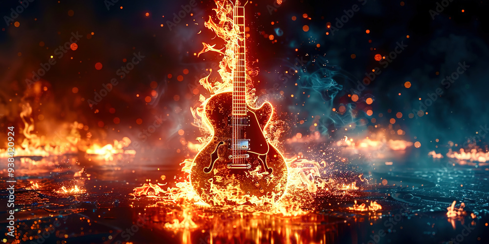 Guitar on fire on a black background Guitar on fire on a black background