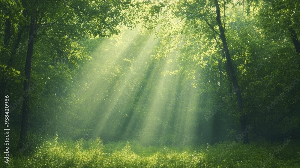 Obraz premium Silken threads of sunlight weave through the vibrant leaves, crafting a tranquil refuge for those who seek solace in nature's embrace.