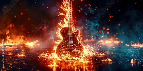 Guitar on fire on a black background