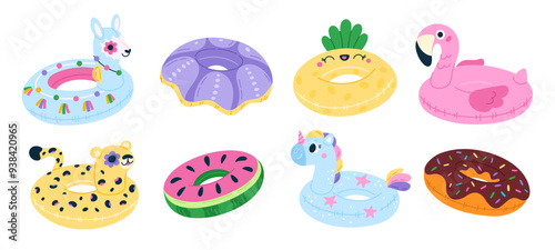 Inflatable circles. Rubber swimming rings. Cartoon color pool toys. Summer sea holiday vacation. Inflated llama and unicorn. Flamingo lifebuoy. Donut and leopard shapes. Garish vector set