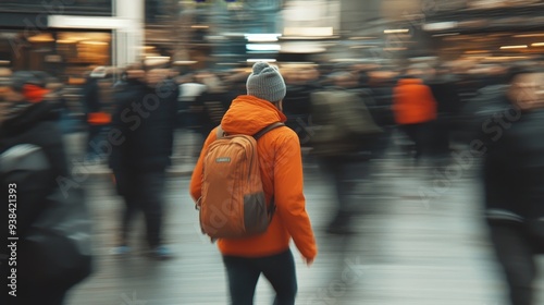 A single individual walks through a busy city street, their form blurred by the fast-paced environment, symbolizing urban energy, anonymity, the fleeting nature of moments, and the constant movement o photo