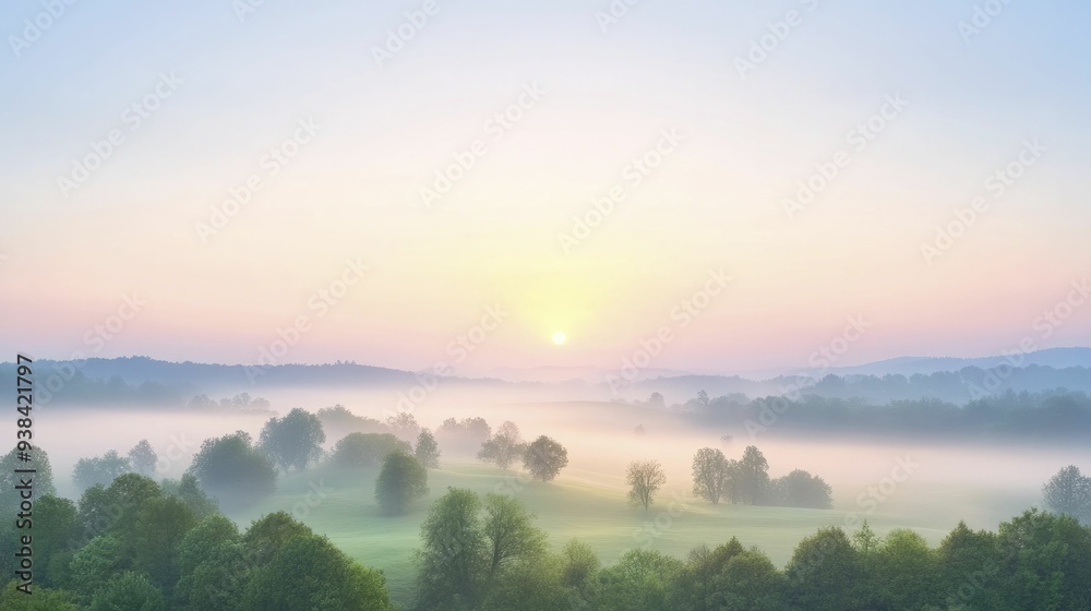 The soft glow of dawn emerging over a foggy terrain, stirring the world with delicate shades of light and warmth.
