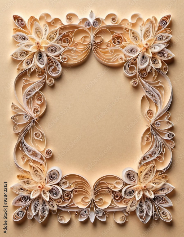 Frame crafted from delicately rolled paper strips. Intricate designs feature swirling floral motifs spiral outward. Sense of elegance and depth. Perfect for decorative purposes, greeting card base. AI Frame crafted from delicately rolled paper strips. Intricate designs feature swirling floral motifs spiral outward. Sense of elegance and depth. Perfect for decorative purposes, greeting card base. AI