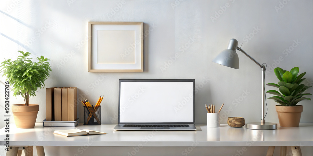 Minimalist home office desk with blank laptop screen, potted plants, and stationery on a white desk Minimalist home office desk with blank laptop screen, potted plants, and stationery on a white desk