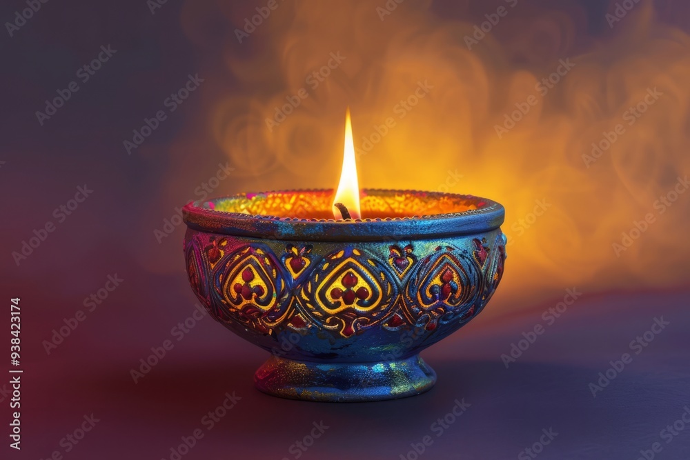 Vibrant Diwali lamp ornately decorated casting warm yellow glow isolated on a gradient background Vibrant Diwali lamp ornately decorated casting warm yellow glow isolated on a gradient background