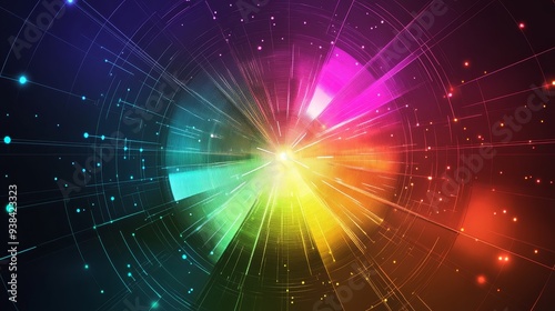 A vibrant abstract design featuring a rainbow burst emanating from a central point. The burst is surrounded by a digital network pattern, symbolizing connectivity, innovation, and technological advanc photo